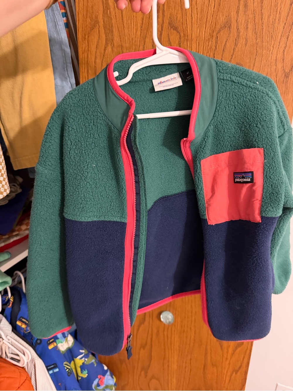 Patagonia Kids' Colorblock Fleece Jacket - Green/Navy with Pink Trim - worn once